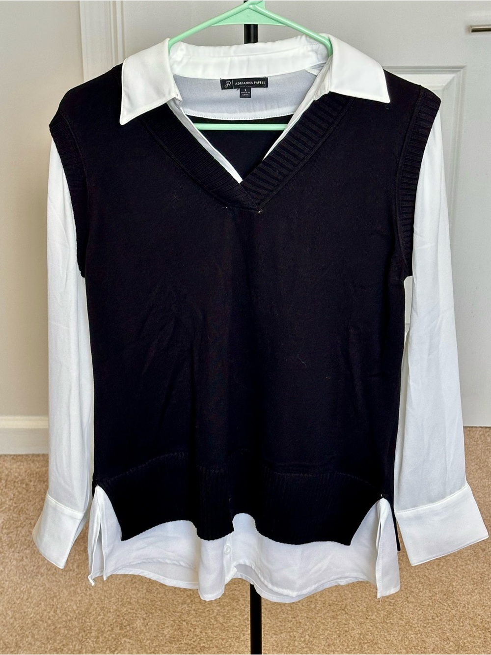 Adrianna Papell Black V-Neck Sweater Vest with White Shirt Detail
